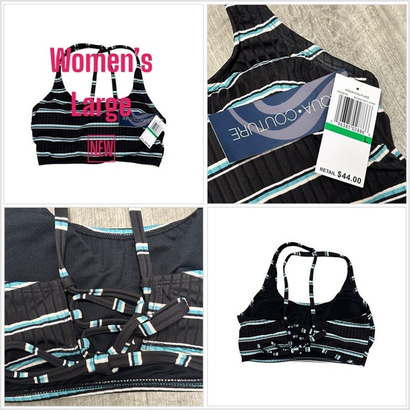 Aqua Couture Large Bikini Top Front Wirefree Padded Bra Stripe Black Blue NWT - Picture 1 of 9